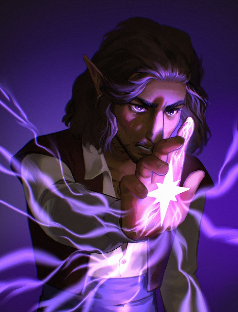 A portrait from the waist up of an elf with wavy shoulder length hair that is picking up the purple light emanating from his hand as he casts some kind of spell. His skin is tanned and freckled, he has a scruffy moustache and beard, and a tear rolling down his cheek.