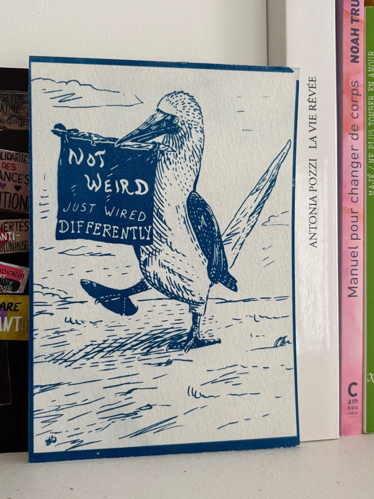 Une cyanotype représentant un fou de bassan qui porte dans son bec une banderole avec le message "Not weird, just wired differently")