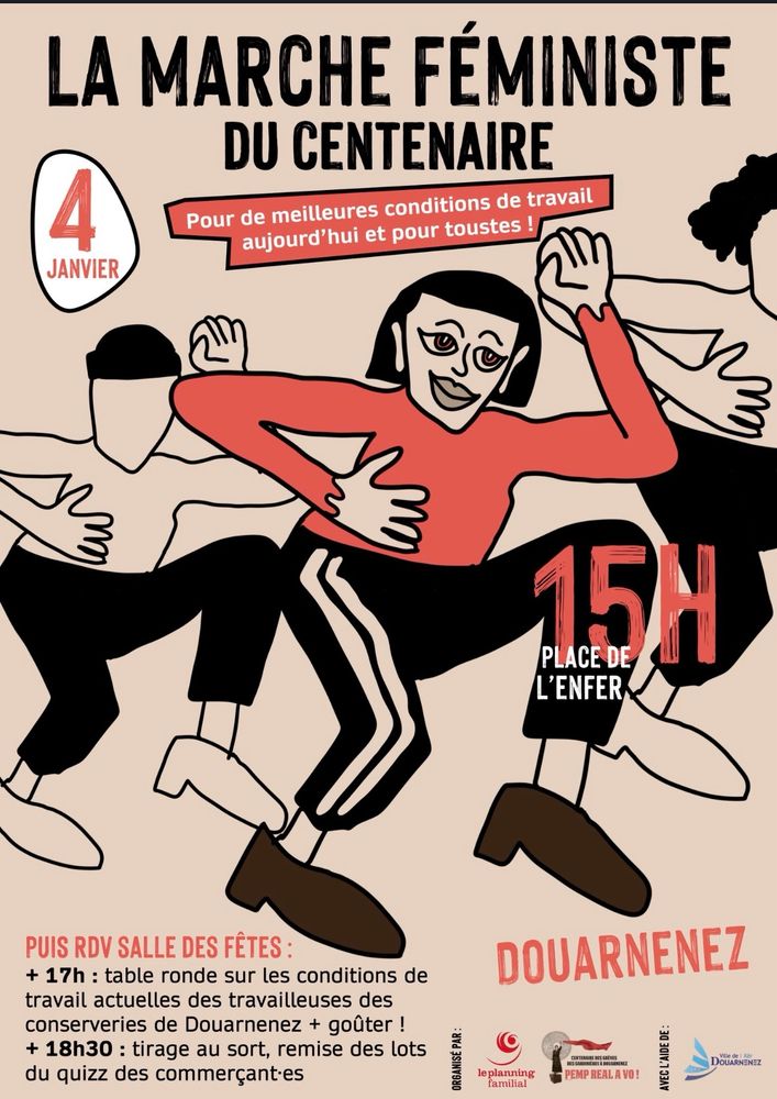 L’affiche annonçant la « marche féministe du centenaire pour de meilleures conditions de travail pour toustes » du 4 janvier 2025. Des femmes portant des pantalons noirs et des sabots dansent le poing levé 