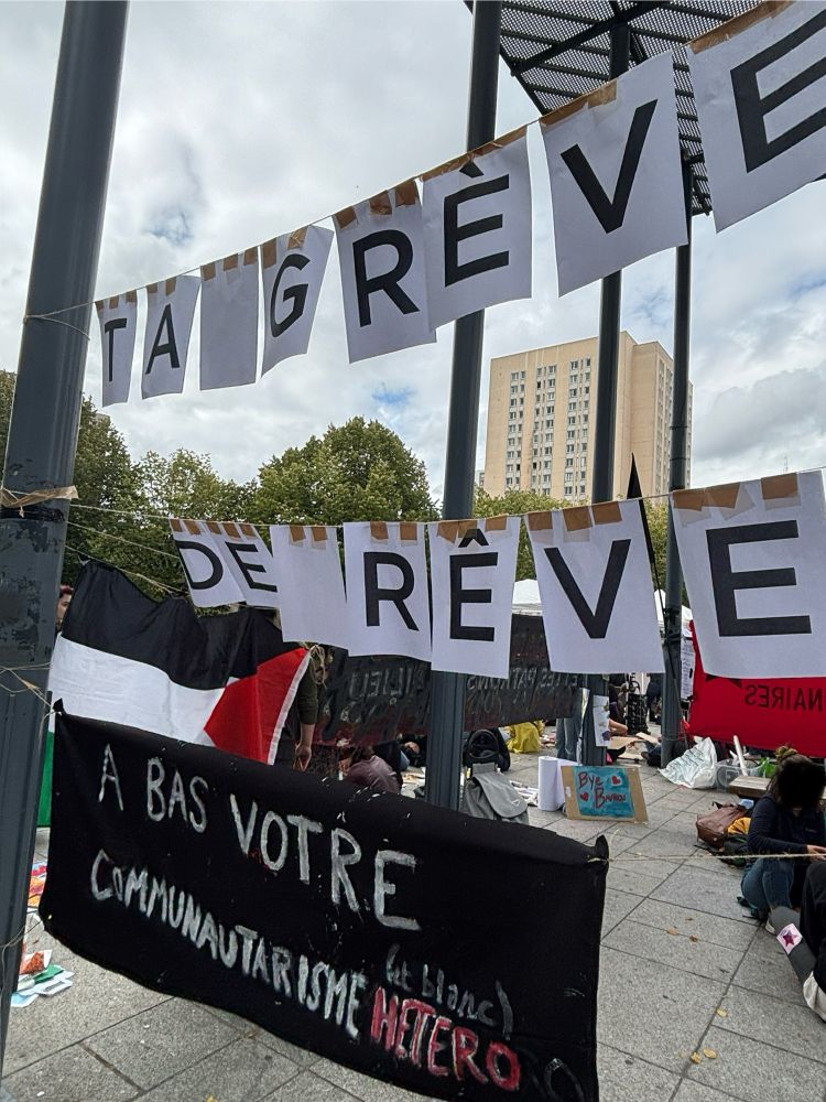 Trois drapeaux/banderoles annonçant un atelier « ta grève de rêve ». Drapeau palestinien et banderole « à bas votre communautarisme hétéro cis blanc »