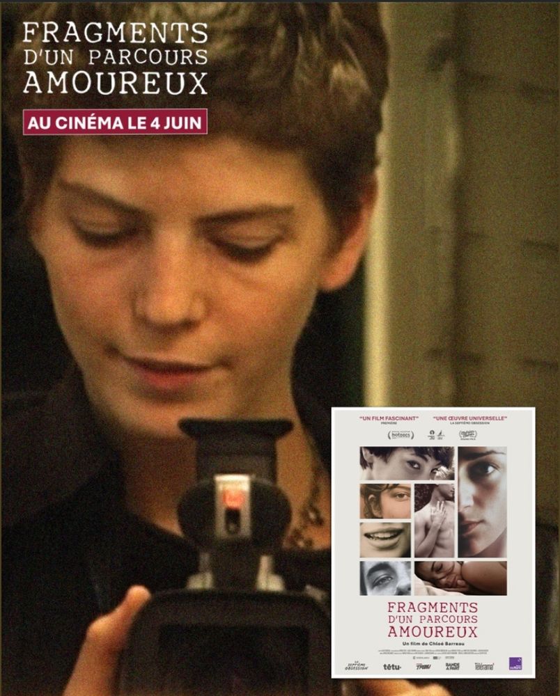 Une image tirée du film Fragments d'un parcours amoureux. On y voit Chloe Barreau se filmant dans un miroir. En bas à droite, l'affiche du film