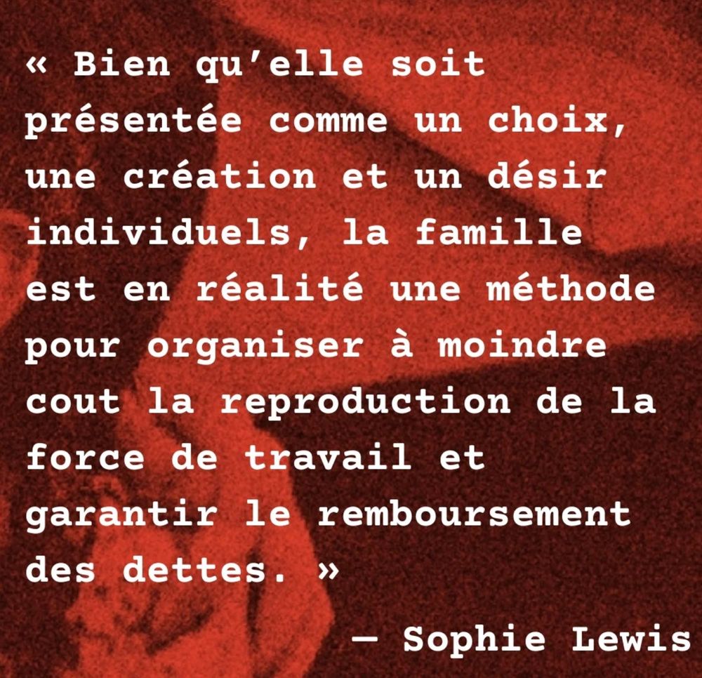 Extrait du livre de Sophie Lewis : « Bien qu’elle soit présentée comme un choix, une création et un désir individuels, la famille est en réalité une méthode pour organiser à moindre cout la reproduction de la force de travail et garantir le remboursement des dettes. ». 