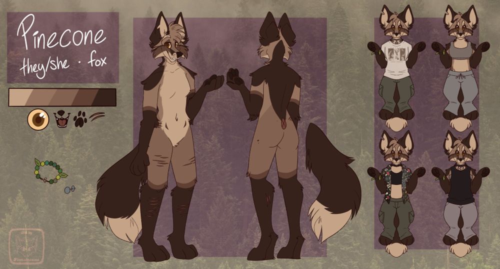 Reference sheet of @codeinesneeze’s fursona, a brown fox named Pinecone, including a front and back fullbody, and 4 mini outfit refs