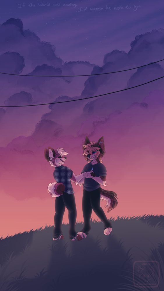 Full illustration of my OC’s, Archer (brown and cream dog) and Parker (pink, red, and cream dog) dancing in an open field, with the sun setting and words “if the world was ending, I’d wanna be next to you” at the top.