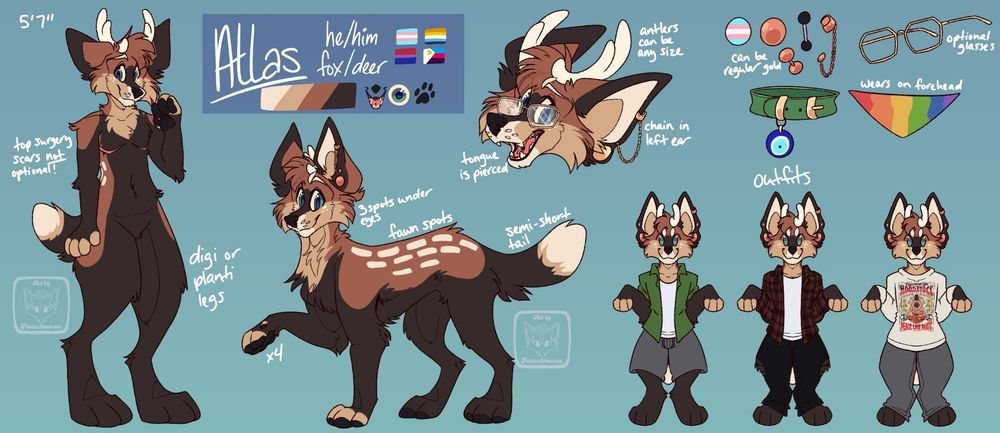 Reference sheet of my sona, Atlas. Includes an anthro fullbody, a feral fullbody, a headshot, accessories, and mini outfits!