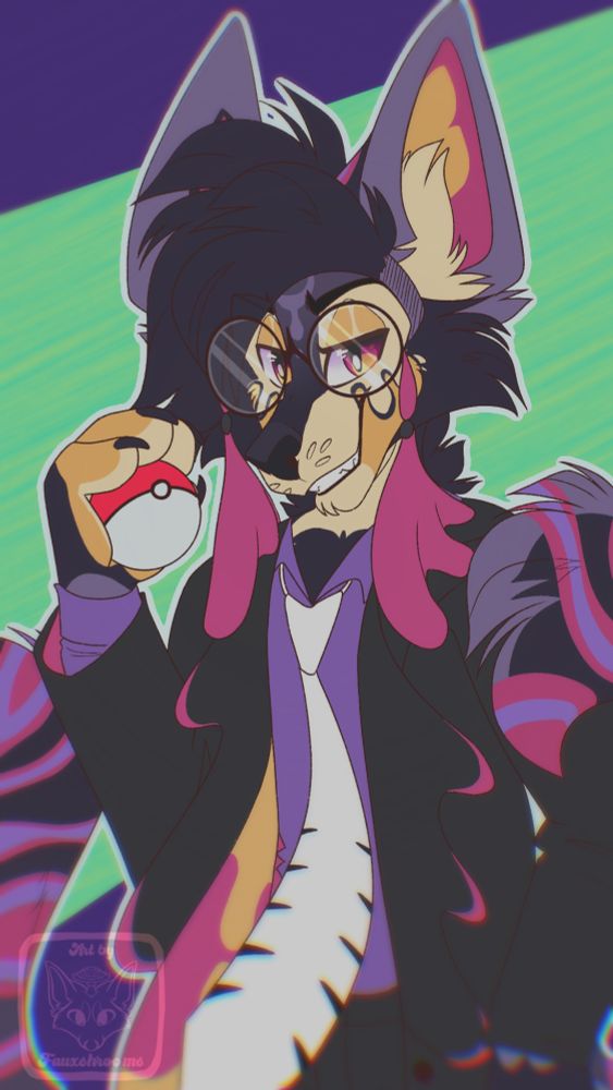 Halfbody illustration of @loafthepompom's OC, a purple, black, and yellow/cream canine named Beau, holding a pokeball in his paw and smirking