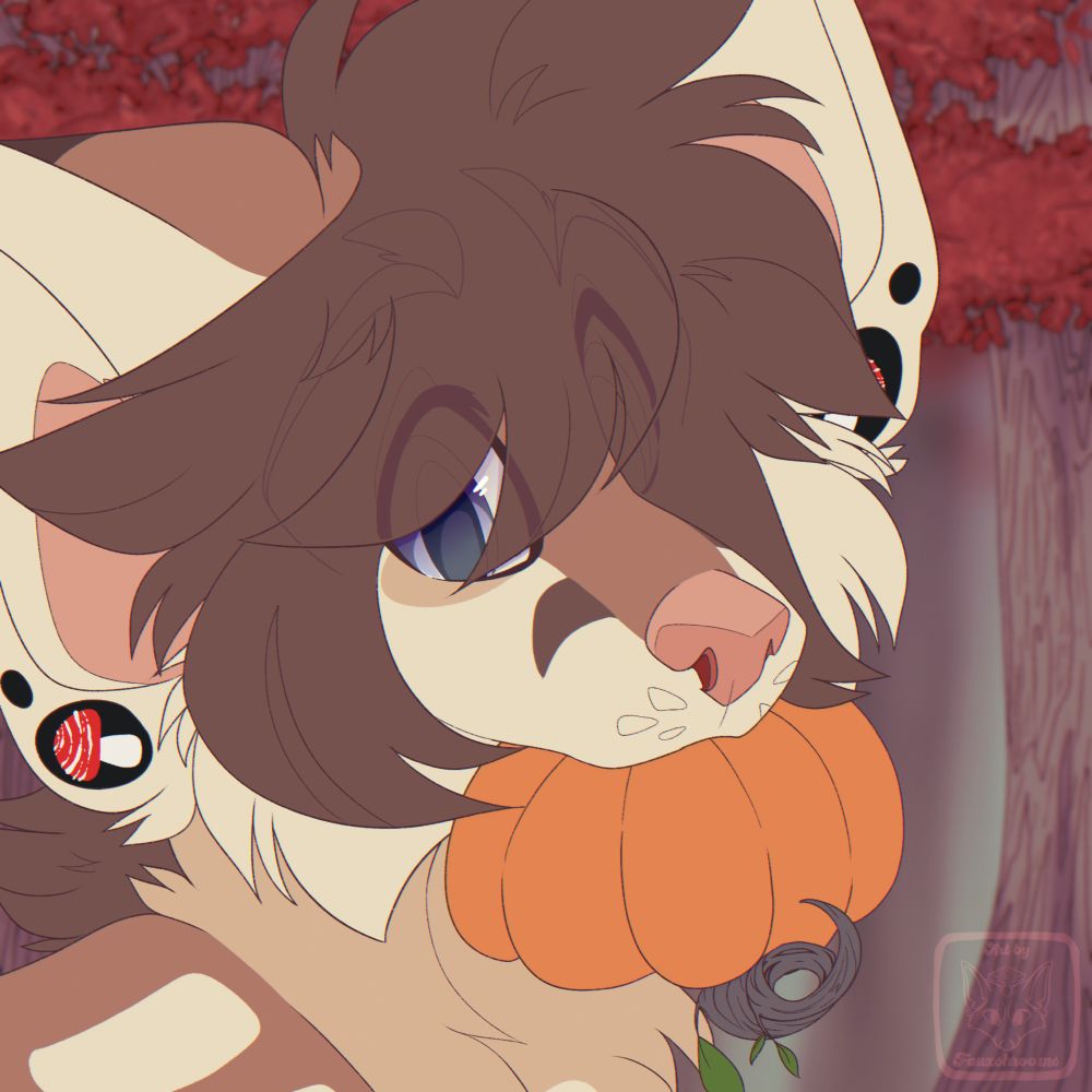 Illustration of one of my sonas, a red fox with longer brown hair and piercings named Forrest (he/him) holding a pumpkin in his mouth