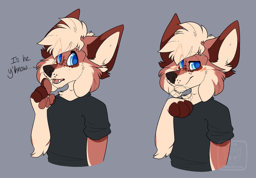 Doodle of my OC, Parker. First part is them pointing up and looking to the right with text that says “is he, y’know…” The second part is them with a more mischievous look, with some motion to a “limp wrist”