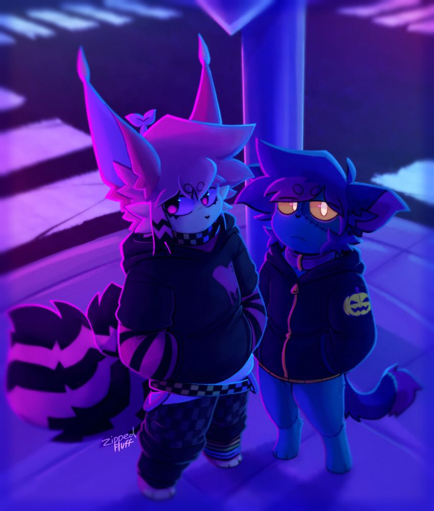 Two anthropomorphic felines (both my Sonas) standing at a street intersection at night. Pov is like if you were are looking down at them, like you're taller. 
The one on the Left is pink with two tails and in a scene-core fit and hoodie.
One on the right Is a dark green zombie cat with purple hair and in a black hoodie with carved pumpkin embroidery on the shoulders.
the lighting is Purple/blue with pinkish highlights coming from the left and greenish/blue highlights coming from the right. those highlights being from traffic lights that are off canvas.
