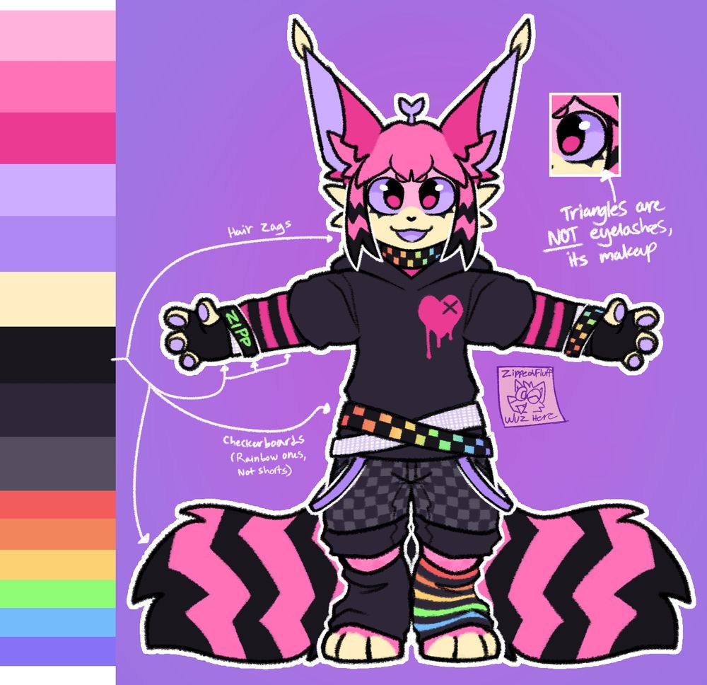 A pink and pale yellow anthropomorphic feline but now in a scencore outfit