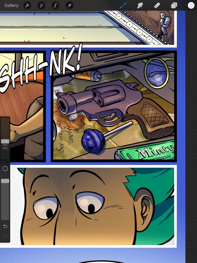 a close up of two comic panels, the top shows an open glove compartment with, among some frivolous items, a snub-nosed revolver. in the panel below we seea reaction shot of the man it belongs to, as he considers whether or not to take it with him.