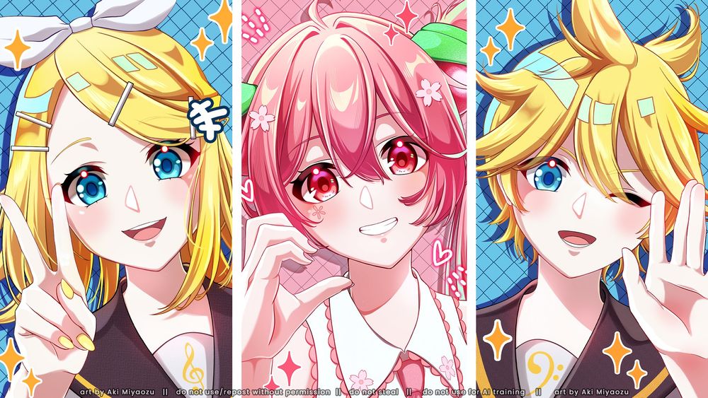 Colored illustrations of Hatsune Miku (Cherry/Sakura Version), Kagamine Rin, and Kagamine Len.