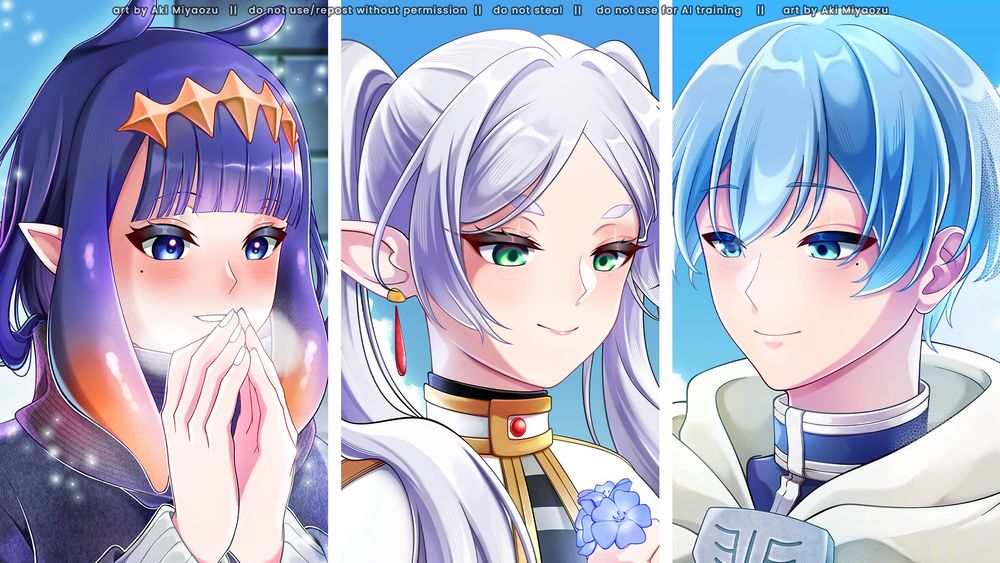 Colored illustration/fanarts of Ninomae Ina'nis, Frieren, and Himmel.
