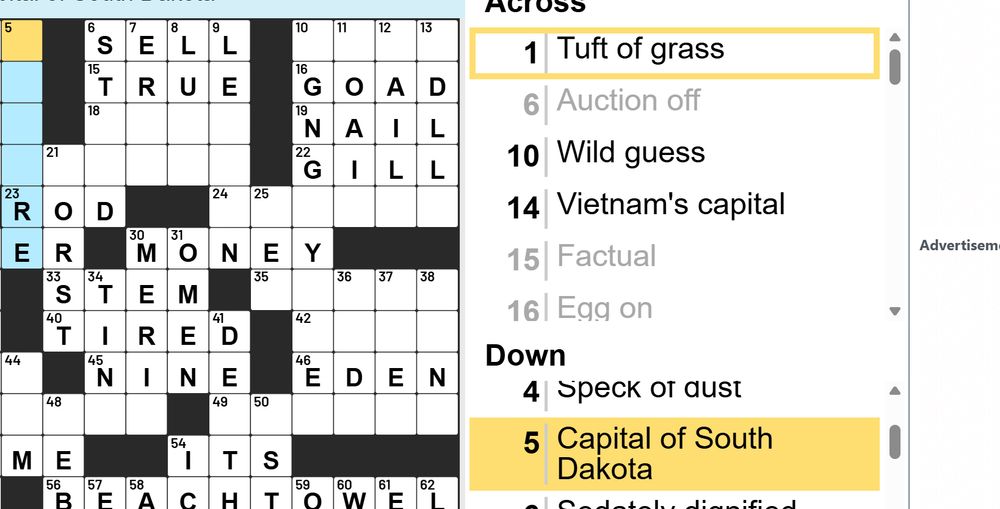 USA today crossword screencap where the highlighted column for 5 down is Capital of South Dakota, has blank blank blank blank R E. 