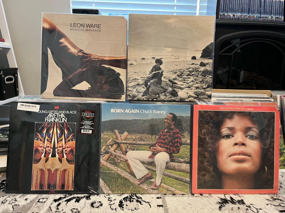 5 record covers in two rows featuring photos of Chuck Rainey, Mary McCreary, and Phil Upchurch, plus an artistic rendering of 4 mirror images of Aretha Franklin, and nude model from the Leon Ware album “Musical Massage.”