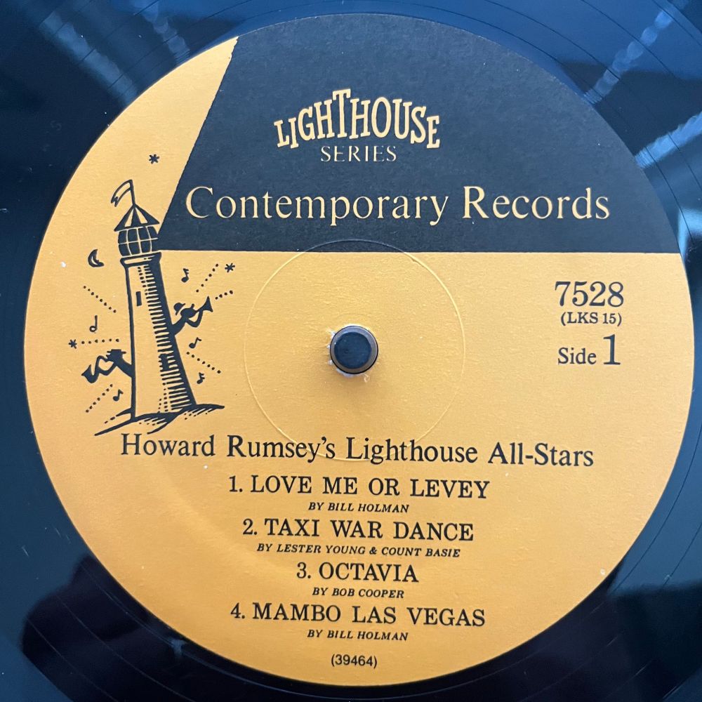 Yellow and black label on a vinyl record with “Lighthouse Series / Contemporary Records” at the top, a drawing of a lighthouse on the left, and the album and song info in black letters in the bottom middle section against a yellow background.