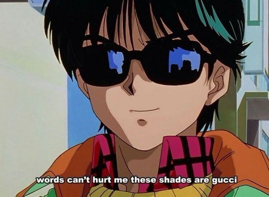 Shinji Ikari dressed colorfully and stylishly (maybe preppy or paninari-style), with the text “words can’t hurt me these shades are Gucci”