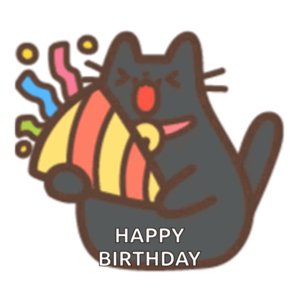 a black cat holding a party hat with the words happy birthday written below it