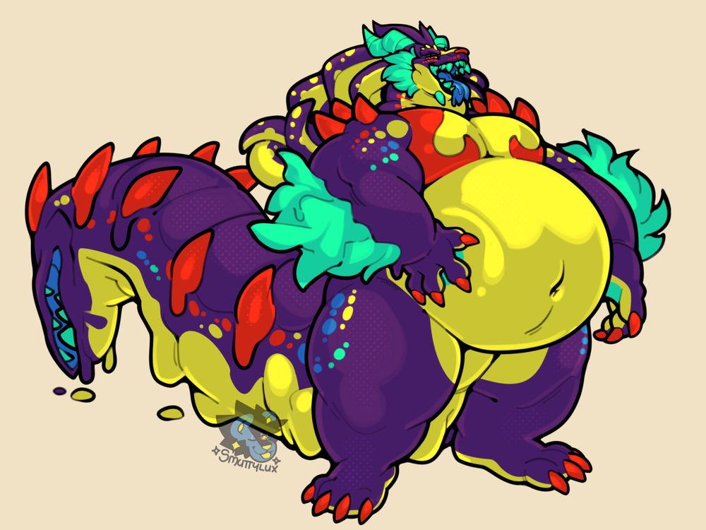 Image of the artist's character, a large reptilian goo-monster, patting his round belly while staring at the viewer with his mouth open and tongue lolling out.