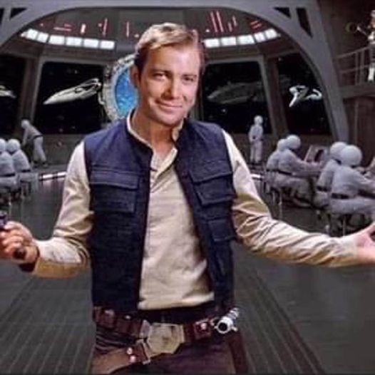 William Shatner's head on Han Solo's body, with the big room from the Spaceball ship as the setting. Visible in the background is a stargate, and ships from other science-fiction shows through the windows.