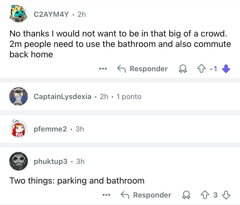 Comentários de pessoas reclamando da quantidade de gente que tinha no show da Gaga, falando do uso do banheiro e de estacionamento