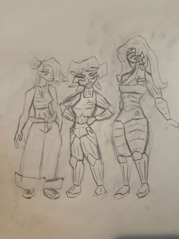 Three women, from left to right named Jasmine Callbeck, Moxie Miles, and Aoife Kindelan. 

Jasmine Callbeck has her hair up in a ponytail, is wearing a skintight crop top and has very baggy jeans and sneakers. Her expression looks pretty bored. She's the protagonist, and is a trans woman. 

Moxie Miles is wearing her mech pilot suit, with harder parts around the chest and groin. She has short hair and a bit of an annoyed look on her face. She's cis unlike the other two. 

Aoife Kindelan is taller than the others and more curvy, and has a similar suit to what Moxie wears with harder parts by the chest and groin. She's the only one smiling, though it's intended to look a little offputting. She's also a trans woman like Jasmine. 