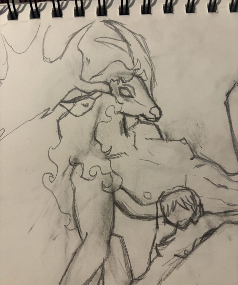 Weredeer girl inspired by an irish elk, she's got curly hair with an exhausted girl lying against her. Both are naked (the final version is gonna be porn) 