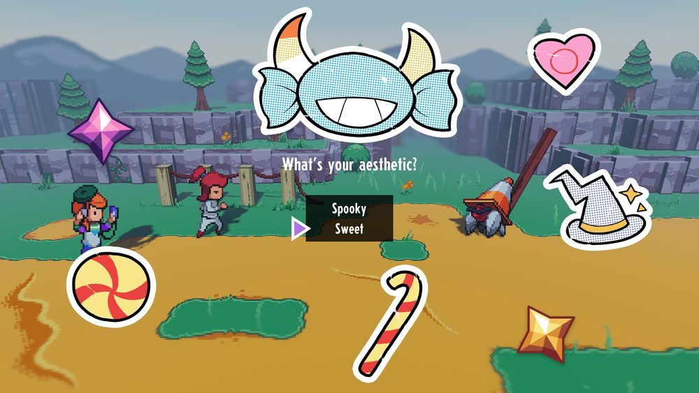 Screenshot of Cassette Beasts, with the prompt "What's your aesthetic: Spooky, or Sweet"