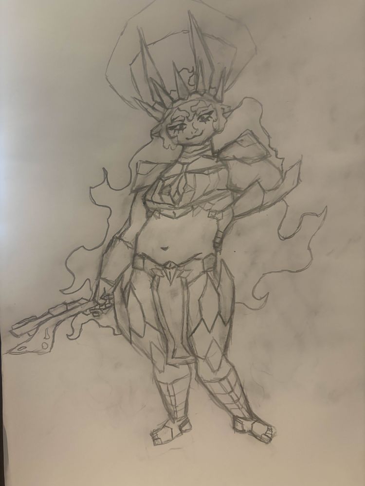 Envogue is part angel, part demon, and part elf, and has a fat body type and appears very confident. 

On her head is a crown-like headband, which only slightly helps keep control over her very long and messy curly hair. She has a pair of horns behind it and a halo over her head, and her mouth is in a bit of a grin. 

She wears a chestplate that exposes her stomach and has a small boob window, which features a lot of geometrical shapes for the plating and two shoulder pads. Each arm has a gauntlet, and one arm is resting on her hip while the other holds a gun-spear combination weapon. 

She wears a metal belt with a loincloth hanging from it, and has greaves and foot armor with a similar geometrical design as the breastplate, including large spikes sticking upwards on the top. 