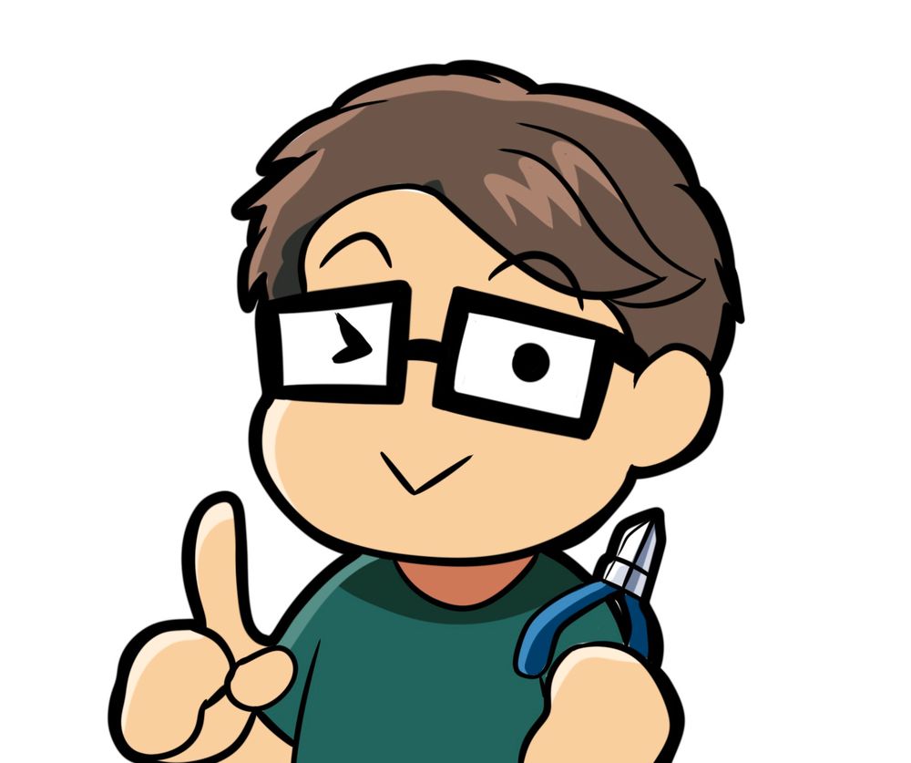 Chibi art of myself holding a pair of hobby cutters and winking at the camera. Drawn by DreamfulBlue on Bluesky.