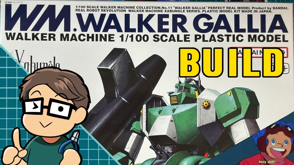 Thumbnail for my upcoming Plamo build livestream of the Real Robot Revolution Walker Gallia, picture shows the box art for the kit framed around art of myself drawn by DreamfulBlue here on Bluesky, and a screenshot of Chill from Xabungle saying “Holy shit” but the second word is censored for comedic effect.