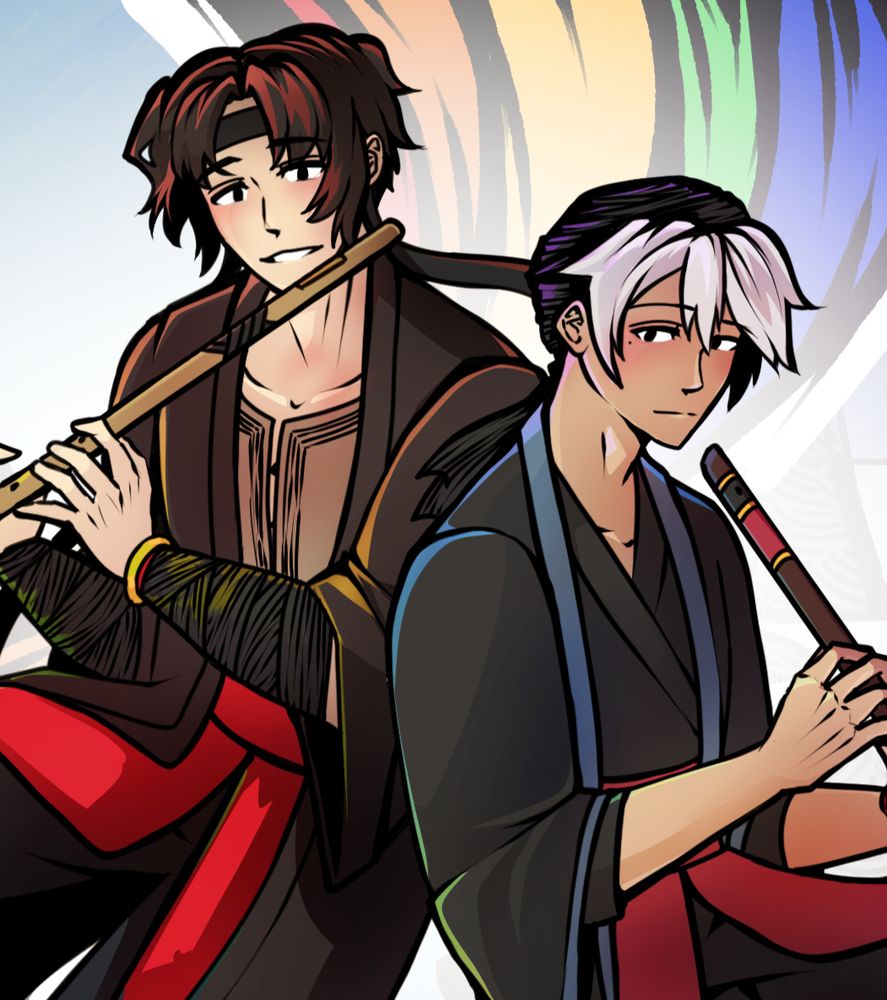 two male characters in asian robes lovingly looking at each other, both holding flutes. a faint rainbow is behind them