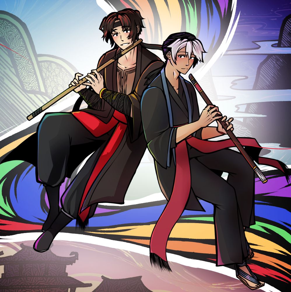 two male characters in asian robes lovingly looking at each other, both holding flutes. behind them is a rainbow, hills and mountains in day and night, and ancient asian buildings