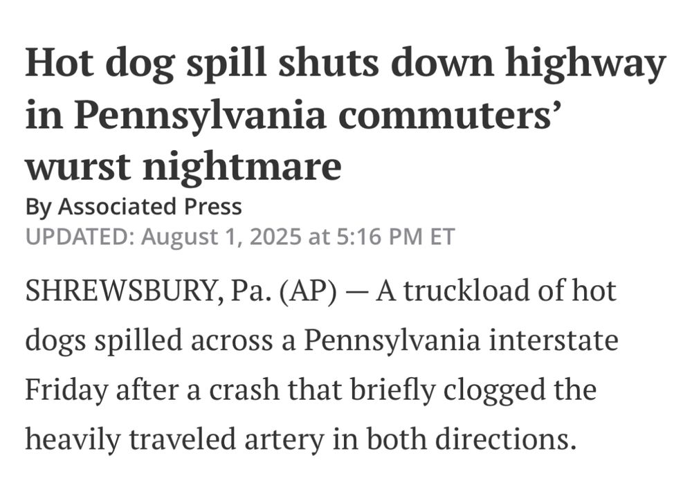 Hot dog spill shuts down highway in Pennsylvania commuters' wurst nightmare
By Associated Press
UPDATED: August 1, 2025 at 5:16 PM ET
SHREWSBURY, Pa. (AP) - A truckload of hot dogs spilled across a Pennsylvania interstate Friday after a crash that briefly clogged the heavily traveled artery in both directions.