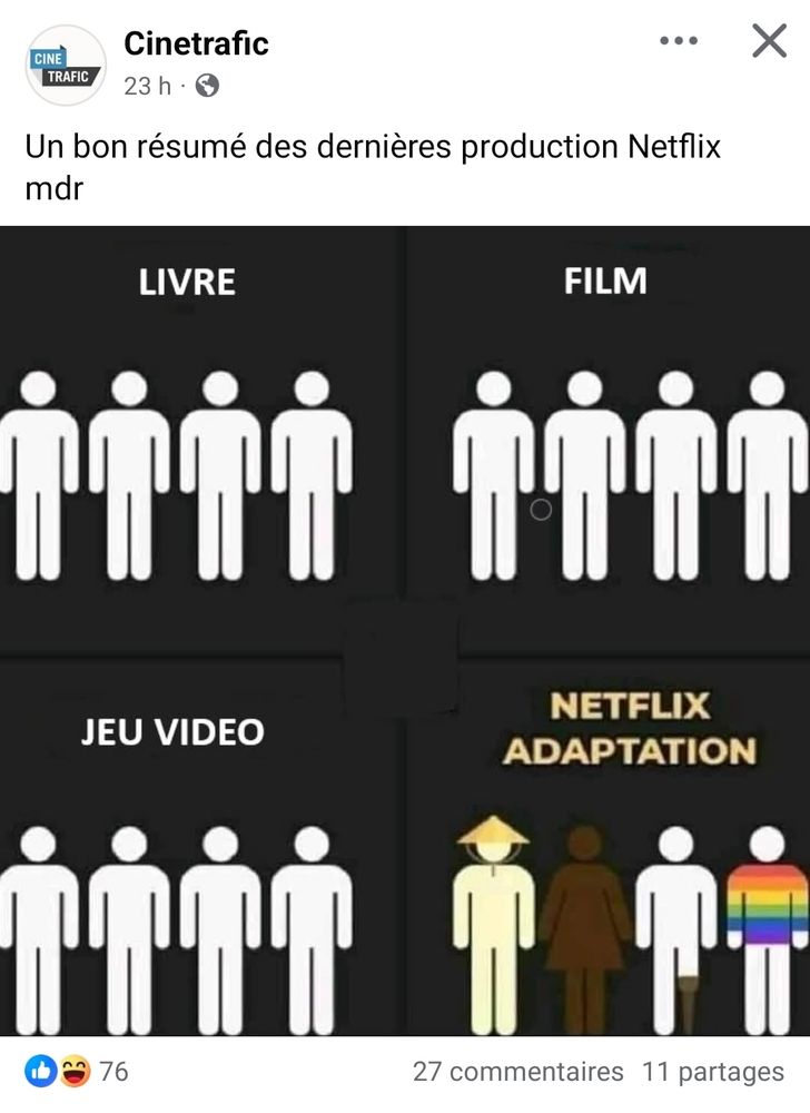Post Facebook du compte Cinetrafic :

"Un bon résumé des dernières productions Netflix mdr"

En dessous un meme qui montre des bonhommes blancs sous les mots "Livre", "Film" et "Jeu vidéo", puis en dessous de "Netflix Adaptation" : un bonhomme jaune avec un chapeau "chinois", un bonhomme marron, un bonhomme avec une prothèse de jambe et un bonhomme aux couleurs LGBT.
