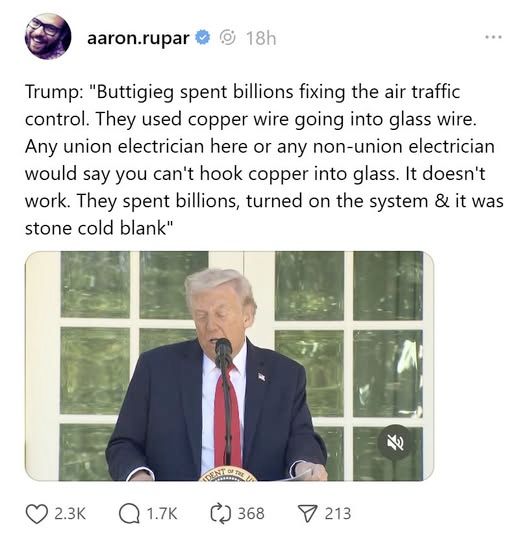 Photo of #47 saying: Buttigieg spent billions fixing the air traffic control. They used copper wire going into glass wire. Any union electrician or any non-union electrician would say you can't hook copper into glass. It doesn't work. 