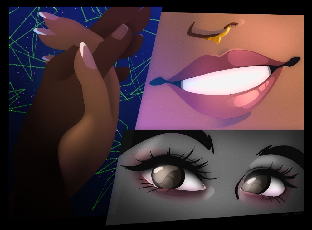 A collage of different aspects of a moment: hands in the middle of interlocking, close up of a woman's smile and a close up of her eyes.
