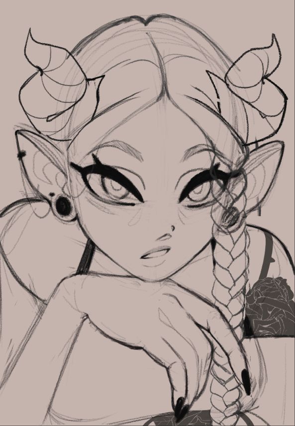A sketch of a demon woman with a tired expression, gauges, a braid, and rose tattoos on her left arm.