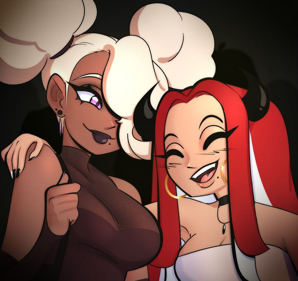 Drawing of a close up shot of two characters in a club with the effect of the drawing mimicking that of flash photography. On the left is Chai, who belongs to maplekeurig. Chai is a brown beauty with purple eyes and slightly golden cream, fluffy hair that is style in two buns. She also has bangs that are covering her left eye and have a heart shape incorporated into the design. She's wearing a dark brown sleeveless top with matching sleeves. On her right is my character, Nora. She's your standard woman with black horns and red hair where the under part is white. She has her arm around Chai and is wearing a white tube top, black choker & necklace combo and hoop earrings. She's smiling which shows off that she has a tongue piercing too.