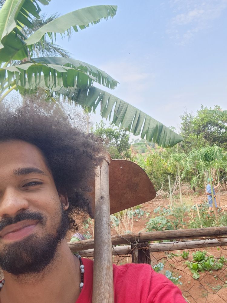 Foto em que estou sorrindo de boca fechada com uma camisa vermelha e só aparece metade do meu rosto, segurando uma enxada que a parte afiada aparece, pois ela está apoiada no meu ombro e no fundo uma horta, árvores e bananeiras