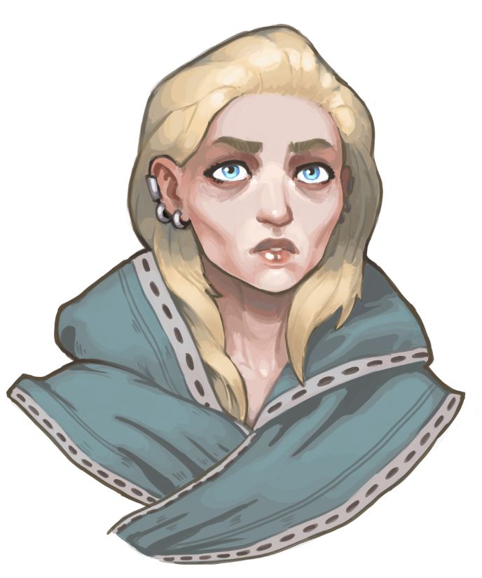 head-shot of a blond character with a blue hood, sunken cheeks and eyes. 