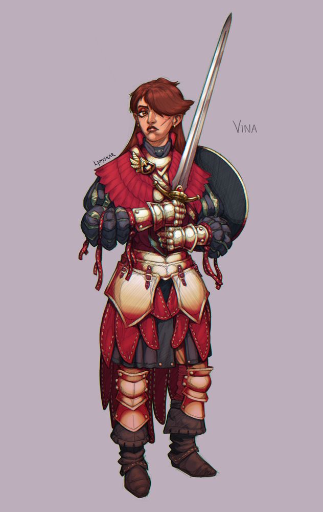 Digital artwork of a knight - an armoured human woman holding a sword, with a shield slung over her shoulder. Her hair swoops down covering one eye, and her clothing incorporates wing and feather shapes.