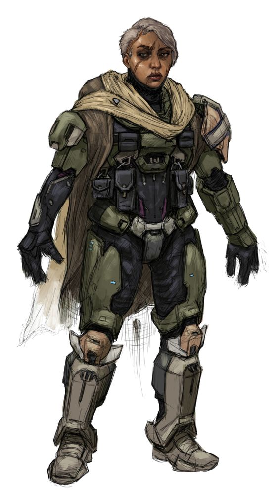 Drawing of a character in heavy Mjolnir armour inspired by the Halo series' Spartan super soldiers. She has a cape and scarf thrown over the armour, and her face is heavily scarred.