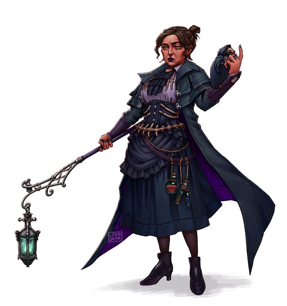 A woman in a dark outfit, wielding an ironwork staff with a lantern on the end. She wears bones as decoration, and her face is exposed. She has golden eyes.