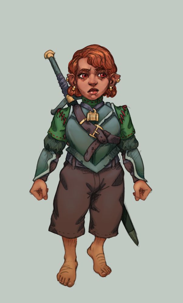 A halfling woman armoured in greeny-blue armour over a green and brown outfit. Her hair and eyes are red, and she is barefoot.