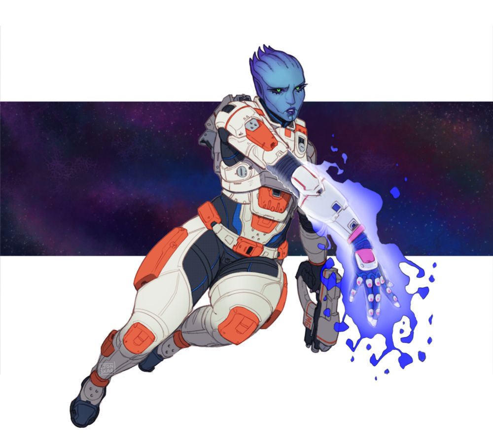 An alien asari woman with blue skin and head "tentacles" floats in the air, with a pistol in one hand and a deep bluish energy emanating from the other. She is armoured in sci-fi style, with white and orange armour over a black and blue undersuit.