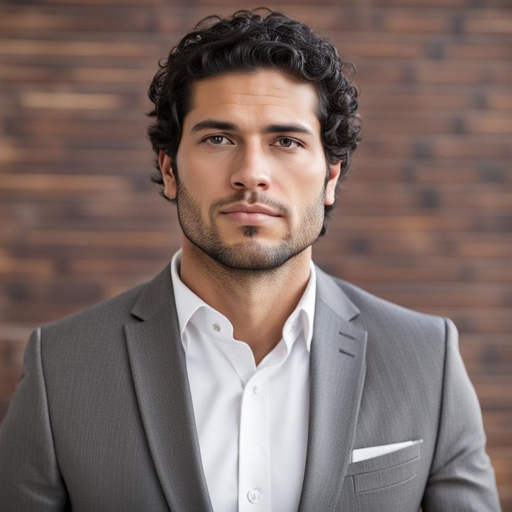 Head shot of a 38 year old Dominican male. Curly dark brown hair, dark brown eyes with a  tightly trimmed beard. He is wearing a chips white shirt and a tailored grey suit.
