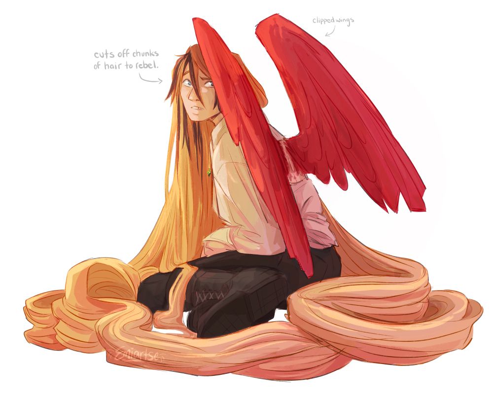 The Golden Phoenix Tommyinnit as Rapunzel sitting on the ground surrounded by hair. TGP Tommy has clipped wings and streaks of brown hair.