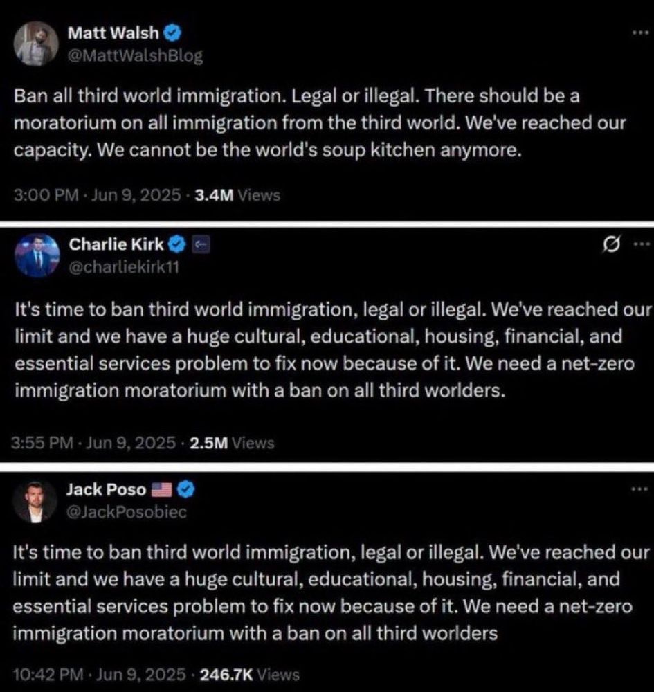Matt Walsh, Charlie Kirk and Jack Poso all saying some variation of "Ban all third world immigration, legal or illegal" on June 9th 2025