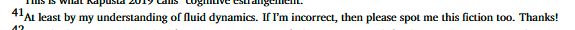 footnote 41: At least by my understanding of fluid dynamics. If I'm incorrect, then please spot me this fiction too. Thanks!